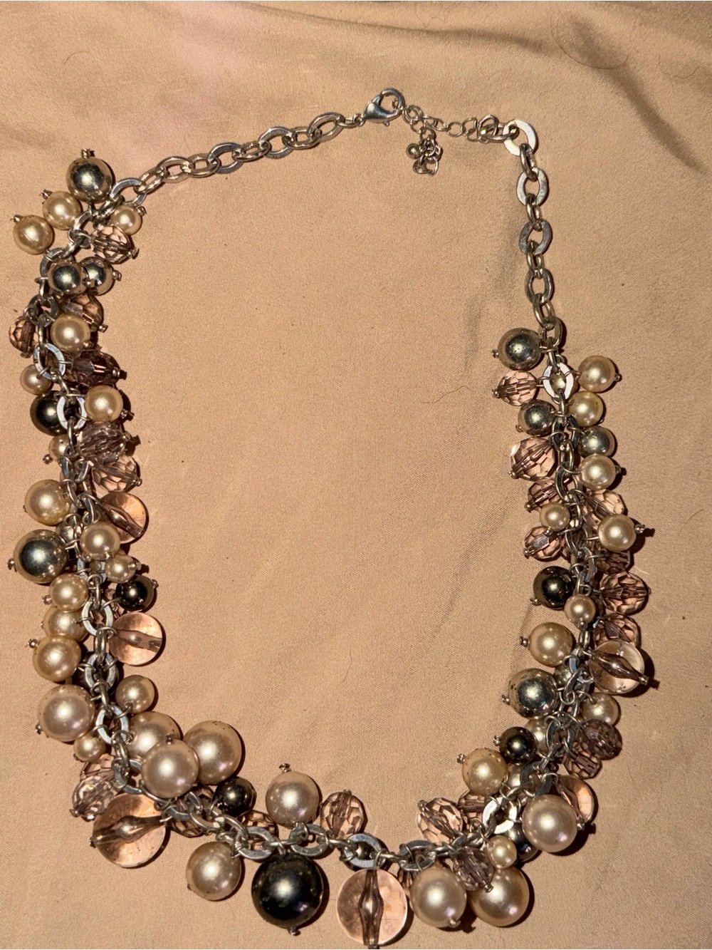 Silver Chain Pearl & Crystal Cluster Necklace - Neutral